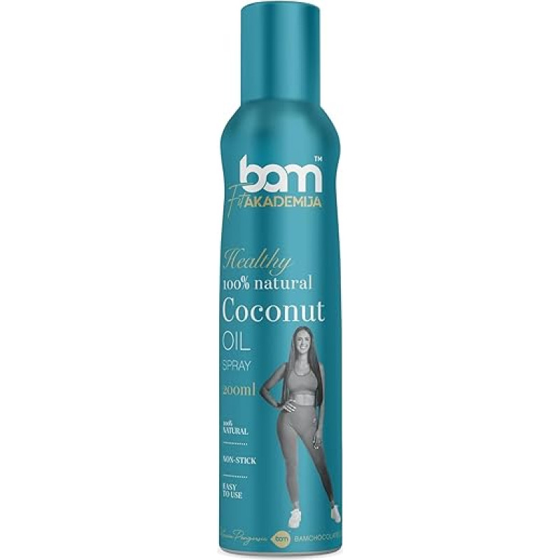 BAM aliejaus purškiklis, natūralus 100 % aliejaus kepimo purškiklis, skirtas sveikam maisto gaminimui ir kepimui, 200 ml (kokosų aliejus)