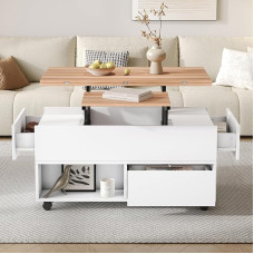 BTM 100 x 50 x 52 cm kavos staliukas su 4 ratukais, daugiafunkcinis svetainės staliukas su stalčiais, pakeliamas kavos staliukas, šoninis staliukas ir valgomojo staliukas su daiktadėže, balta + medžio spalva
