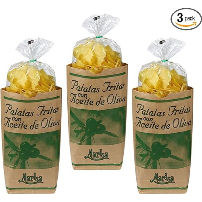 Patatas Fritas Marisa Bulvių traškučiai su alyvuogių aliejumi ir jūros druska Vegetariški Be glitimo Ispanija Pridėta FeinWert elektroninė knyga (3 x 160 g)