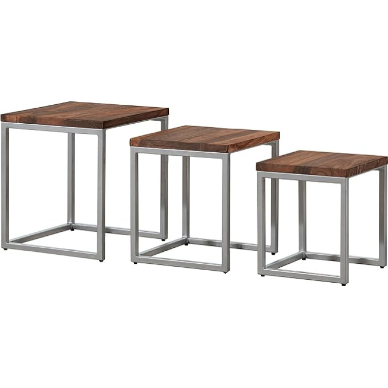MASSIVMOEBEL24.DE Lounge šoninis staliukas iš medžio masyvo #02, Šešamo mediena, ruda, alyvuota, modernus stilius, 3 dalių rinkinys, masyvūs šoniniai staliukai iš medžio masyvo