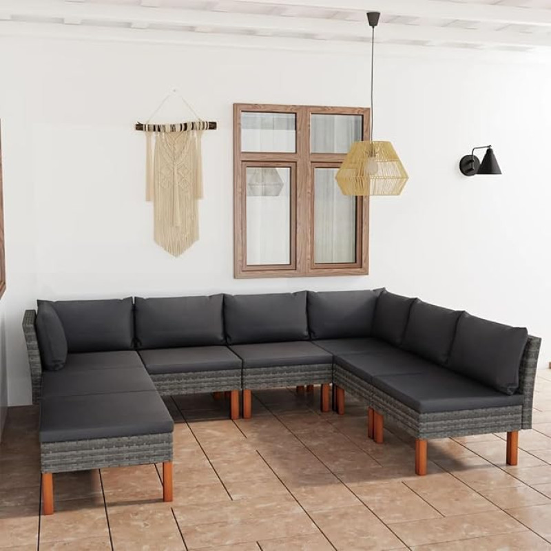 Sodo baldų komplektas 8 dalių Pilka poliuretano rotango pagalvėlių sofa lova Svetainės sofos baldai 2 kampai 4 vidurinės sekcijos + 2 kojų atramos Pilka