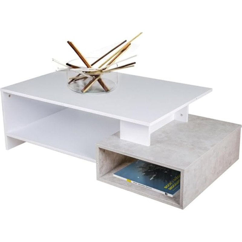 BAKAJI Stačiakampio formos kavos staliukas Šiuolaikinio dizaino MDF medienos staliukas su 4 apatinėmis lentynomis 106,5 x 60 x 34,5 cm Namų dekoras (balta ir betonas)