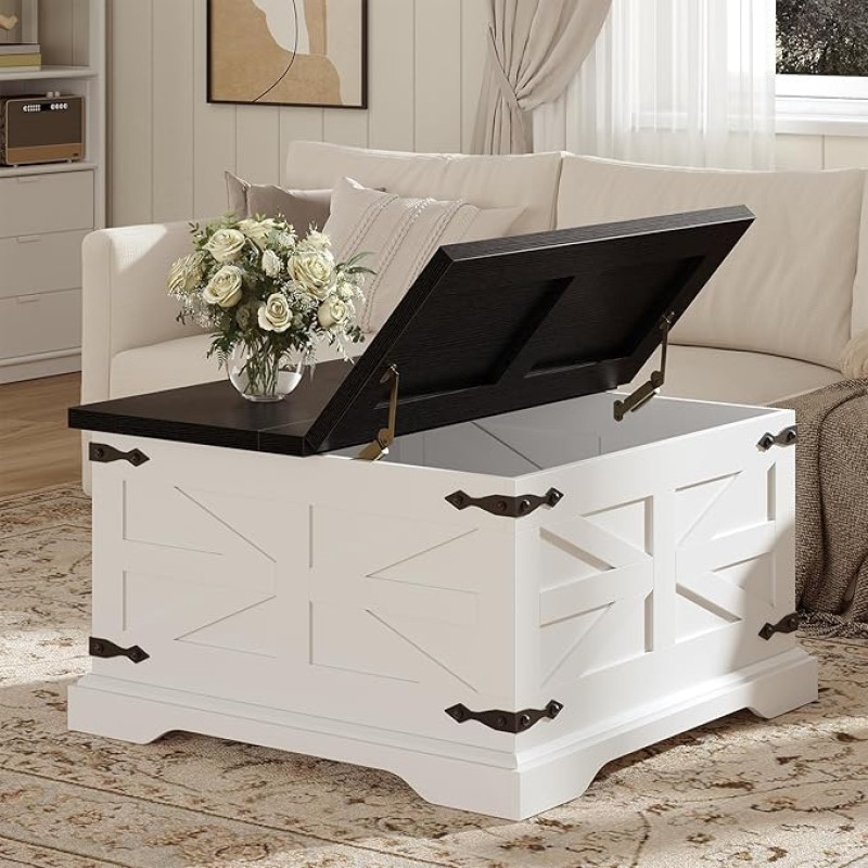 Ūkio kavos staliukas su saugykla Kvadratinis centrinis stalas gyvenamajam kambariui Rustic Hinged Soft Close Wooden Large Hidden Storage Modern Metal Corner White Black