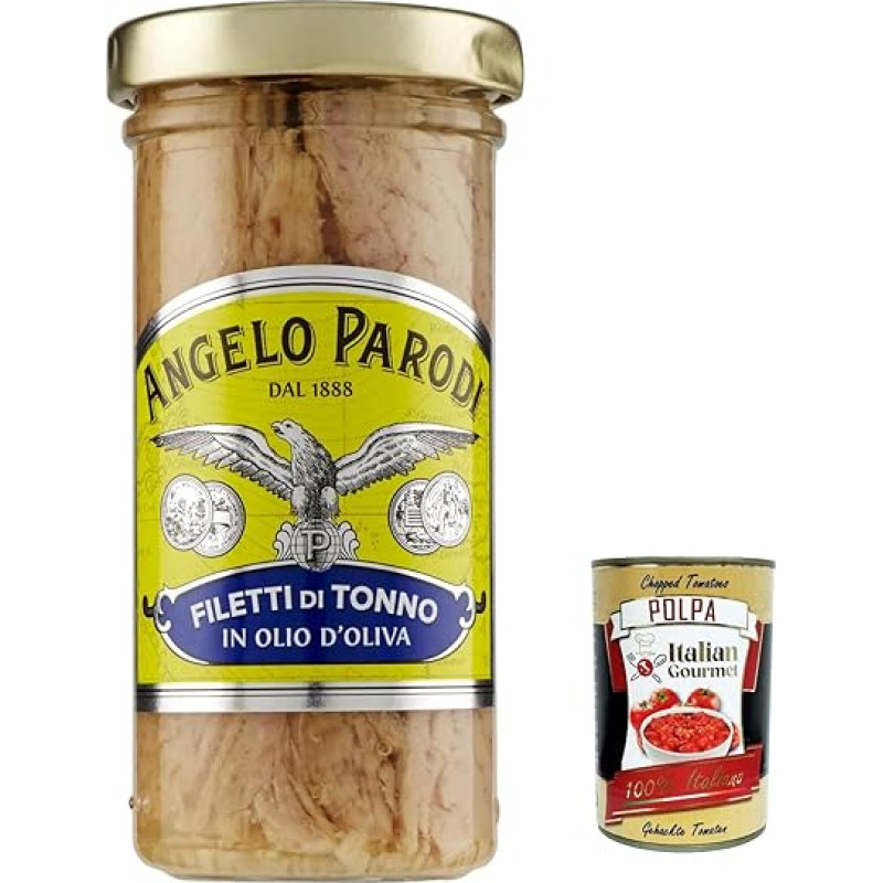 6 x Angelo Parodi Filetti di Tonno in Olio d'Oliva in vetro, tuno filė alyvuogių aliejuje stiklinėje 150 g + Italian Gourmet Polpa 400 g
