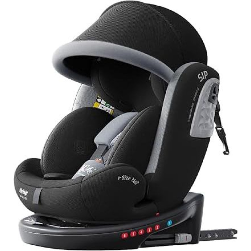 Heekin i-Size-Kindersitz – 360° drehbarer ISOFIX Autositz mit Top-Tether & Sonnendach für 0-12 Jahre (40-150 cm), Gruppe 0/1/2/3 – Schwarz
