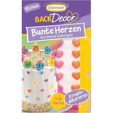 Günthart BackDecor 48 mielos spalvingos 6 spalvų cukrinės širdelės, žalios, mėlynos, violetinės, geltonos, rožinės ir oranžinės spalvos cukrinės širdelės