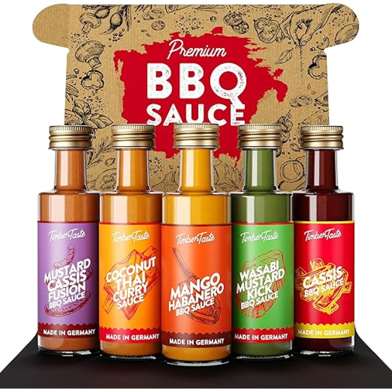 TIMBER TASTE BBQ padažų dovanų rinkinys - 5 aromatingi grilio padažai po 40 ml stikliniame buteliuke, supakuoti BBQ dovanų rinkinys Dovanos vyrams Velykų dovanos suaugusiesiems Velykų dovana vyrui