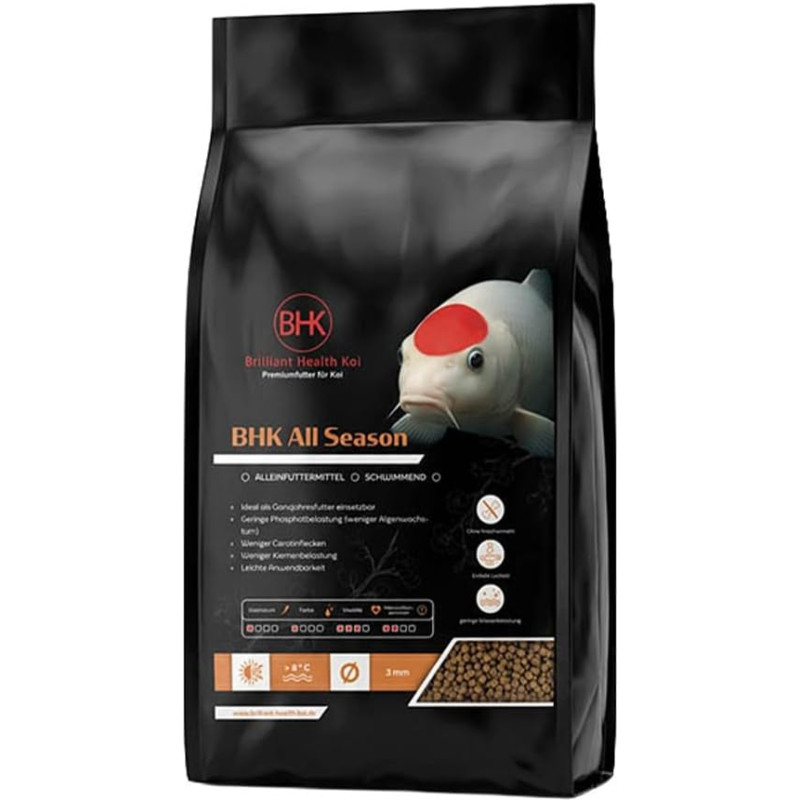 BHK Koi Food All Season 5 kg - Tvenkinio maistas su žuvų miltais ir lašišų taukais - plaukiojančios 5 mm granulės - Viso sezono maistas - nuo pavasario iki rudens