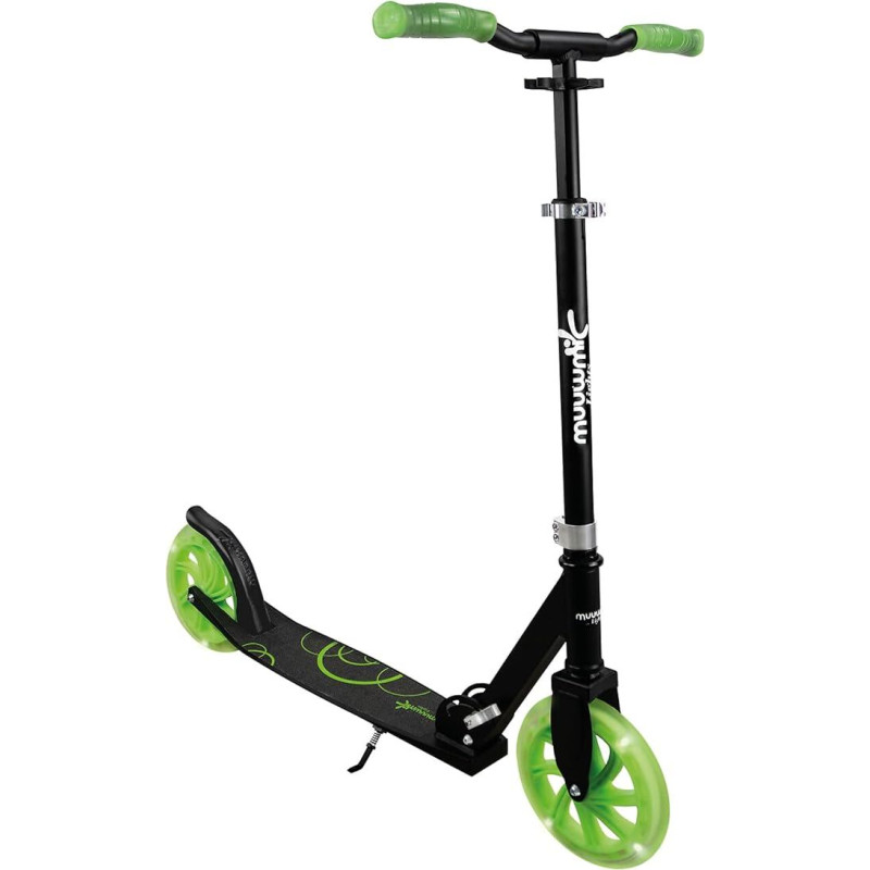 Muuwmi Lights Aluminium Scooter - Höhenverstellbarer Lenker - Geeignet für Kinder - GS-Zertifiziert - Bis zu 100 kg - mit Leuchtrollen - Tretroller in grün-schwarz
