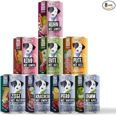 TIERLIEBHABER Šlapias maistas šunims 400 g Bandomoji 8 rūšių pakuotė - Veterinarų sukurtas drėgnas maistas šunims su 91 % mėsos - Šunų maistas kaip šunų maistas 400 g skardinėse