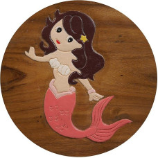 ART-CRAFT Versatile Children's Wooden Stool Round Solid Wood Mermaid Motif with Many Uses