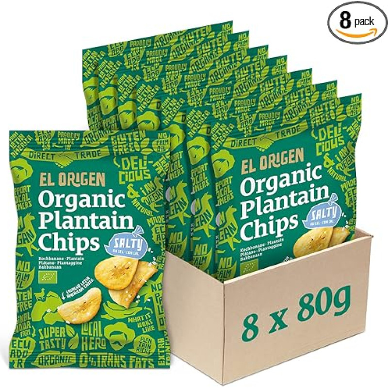 el origen Ekologiški plantanų traškučiai su jūros druska 8 x 80 g - veganiški, be glitimo, be palmių aliejaus, tiesiogiai surinkti ir pagaminti Ekvadore, grynas malonumas