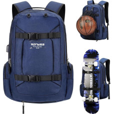 Riedlentės kuprinė Krepšinio beisbolo futbolo futbolo futbolo kamuolys Daugiafunkcinė kuprinė su USB prievadu Krepšinio tinklas tinka 17,3 colių nešiojamam kompiuteriui mėlyna