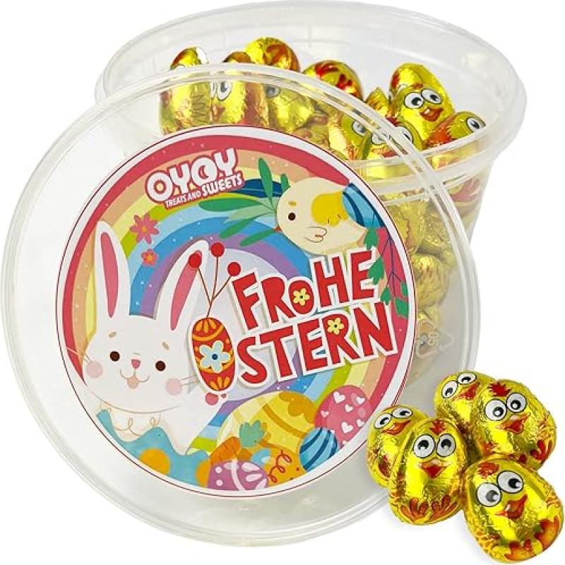 OYOY Auksiniai velykiniai viščiukai I 500 g dovanų dėžutėje I Mini velykiniai viščiukai iš aukso folijos I Mažos velykinės dovanos Šokoladas su pieno kremo įdaru I Velykiniai sveikinimai I Velykų dovanų rinkinys