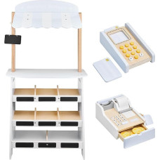 mamabrum Wooden Merchant Shop Set - Market Stand with Cash Register, Terminal & Chalkboard - 19-Piece Educational Toy with Fruit & Vegetables for Children from 3 Years