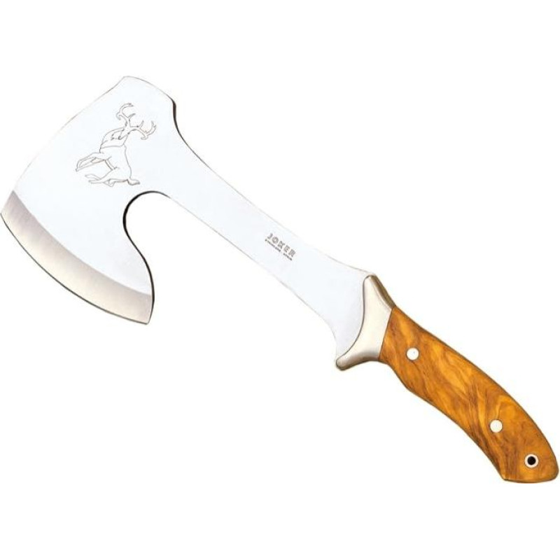 Joker Medžioklinis kirvis Cazador HO00 Olive Wood Handle Išgyvenimo kirvis su 21 cm ilgio ašmenimis su odiniu dėklu Nerūdijančio plieno antgalis Žvejybos, medžioklės, stovyklavimo ir žygių įrankis