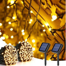 22 metrų ilgio, 200 šviesos diodų, saulės šviesos diodų žibintai lauke, atsparūs vandeniui, šiltos baltos spalvos, 8 režimai, žibintai sodams, vakarėliams, balkonams, terasoms, vestuvėms, vartams, kiemams, medžiams, namų dekoracijoms, 2 pakuotės