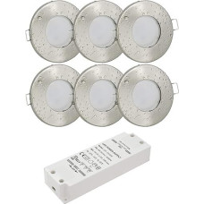 6 komplektų rinkinys 12 V Spalva: šlifuotas nerūdijantis plienas Vonios kambario įmontuojamas prožektorius IP65 (AC/DC adapteris 12 V 5 W LED lemputė 450 liumenų šiltos baltos spalvos lemputės keičiamos