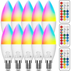 ChangM LED lemputė E14 RGBW 2700 K 10 LED lempučių, keičiančių spalvą, rinkinys, 5 W (pakeičia 40 W), reguliuojamos spalvos lemputė su nuotolinio valdymo pulteliu RGB ir šilta balta 2700 K