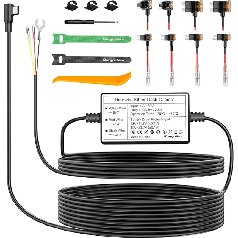 Dashcam Hardwire Kit, 4 m / 13,12 pėdų USB-C 12 V-24 V į 5 V kietųjų laidų automobilinio įkroviklio kabelių rinkinys su saugikliu ir saugikliu, skirtu Dashcam stovėjimo režimui ir žemos įtampos apsaugai