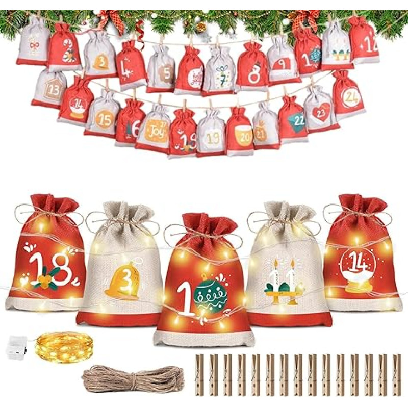 Advent Calendar for Filling 2025 with LED Fairy Lights, 24 Fabric Bags, DIY Christmas Calendar Bags for DIY Crafts for Children and Adults, Christmas Decoration Set (A)