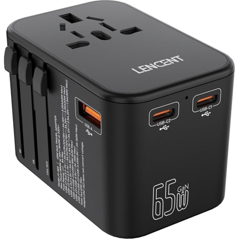LENCENT universalus kelioninis adapteris, GaN III 65 W pasaulinis įkroviklis su 1 USB ir 2 USB-C PD greituoju įkrovimu, tarptautinis kelioninis adapteris telefonams, nešiojamiesiems kompiuteriams, skirtas A/C/G/I tipo (JAV, JK, ES ir JAV) lizdui