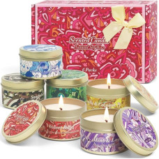 Kvapiųjų žvakių rinkinys, sojų vaško žvakių rinkinys aromaterapijai, 6 kvapų nešiojamos žvakės skardinėje - rožė, linas, vanilė, levandos, sandalmedis, šalavijas, dovanų rinkinys Kalėdoms, gimtadieniui, Valentino dienai