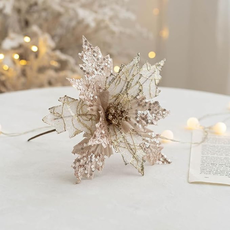 Pakuotė 6 Sequins Kalėdų gėlės, dirbtinės gėlės Kalėdoms, blizgučiai dirbtinės puansetijos dekoratyvinės gėlės Kalėdų eglutė, vestuvės, papuošalai, šampanas