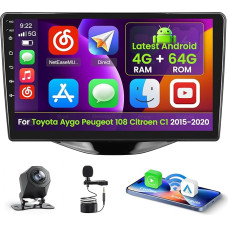 4+128G Android 15 automobilinis radijas Toyota Aygo Peugeot 108 Citroen C1 2015-2020 m. su 9 colių vidiniu ekranu Palaiko belaidį Carplay ir Android Car Mirror Link radiją FM/RDS GPS WiFi BT SWC