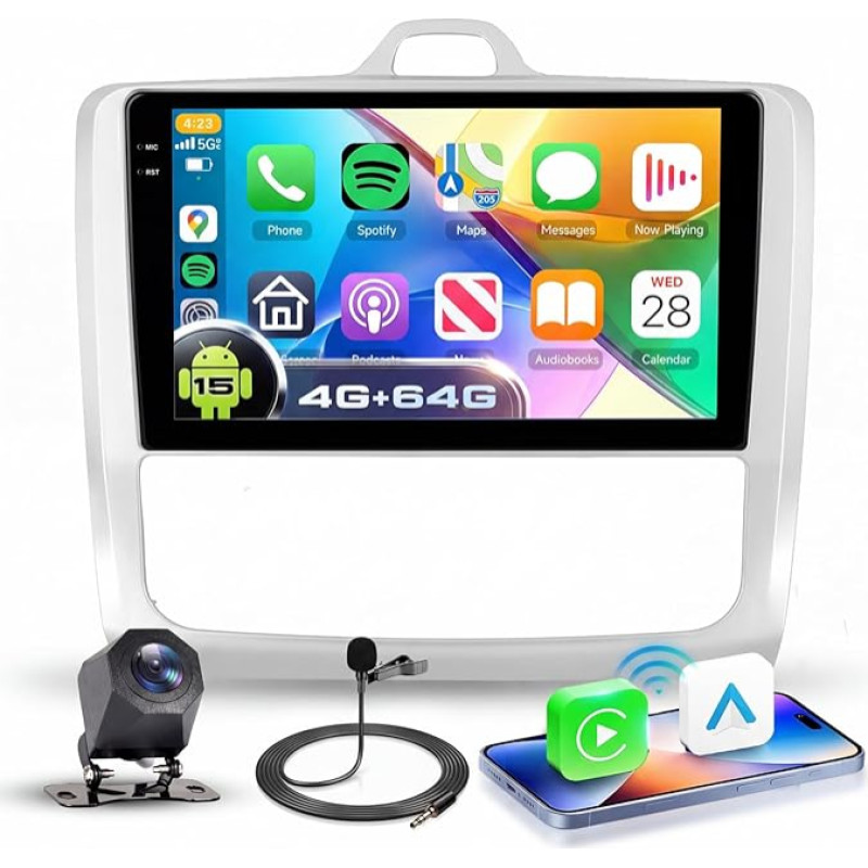 4G+64G Autoradio Android 15 für Focus Exi MT 2 3 Mk2 Mk3 2004-2011, 9 Zoll In-Cell HD Touchscreen mit Drahtlos Carplay Android Auto, Auto Radio mit GPS Wi-Fi USB Bluetooth FM RDS Kamera