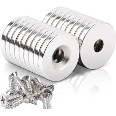 Pakuotė 18 neodimio magnetų su skyle 20 x 3 mm magnetai Stiprūs magnetai Countersink skersmuo 5 mm mažas stiprus magnetas magnetinė lenta virtuvės spintelė šaldytuvas Pin lenta virtuvė biuras