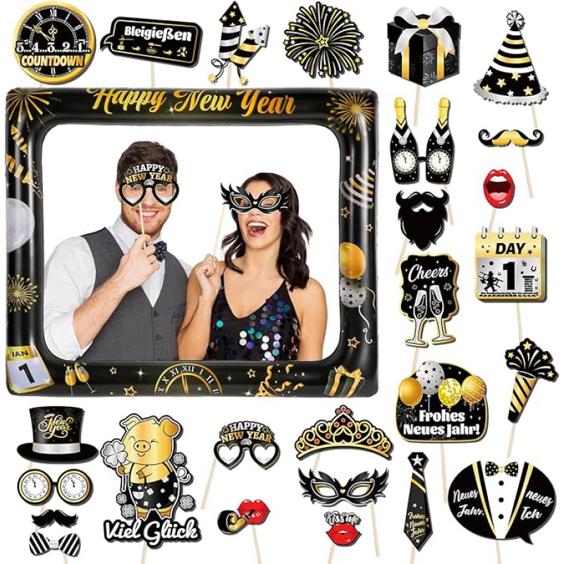 DPKOW 2026 Lucky Charm New Year's Eve Photo Props Frame 29 vnt., Pripučiamas nuotraukų rėmelis 2026 Naujųjų metų nuotraukų dėžutės aksesuarai Naujųjų metų išvakarių vakarėlio aksesuarai Gadget