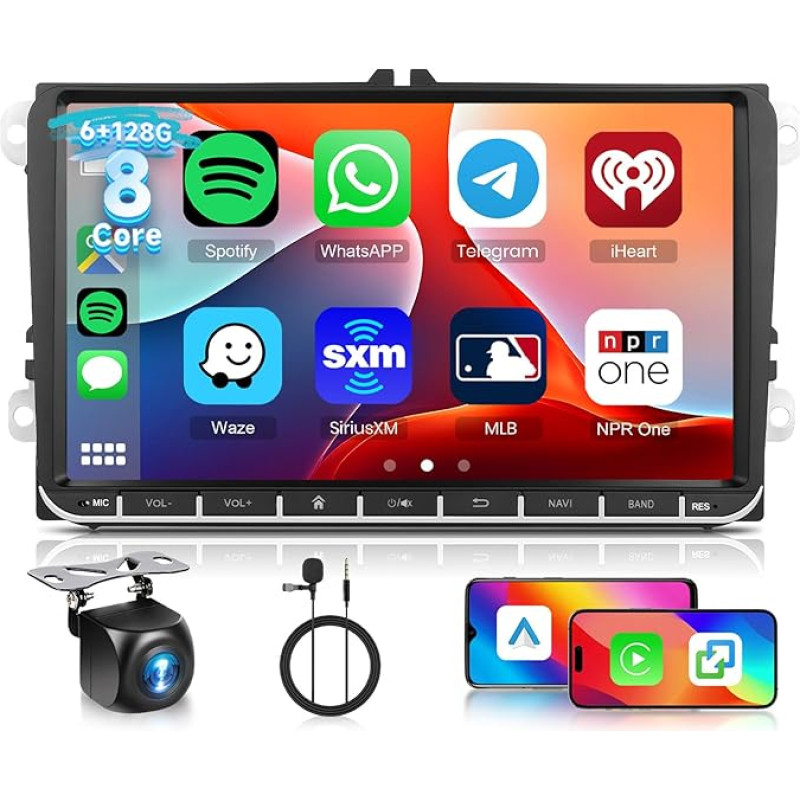 Hodozzy 6G+128G 8 branduolių Android automobilinis radijas VW Passat B6 Golf 5/6 Touran T5 Tiguan Polo Jetta Seat Skoda su Bluetooth GPS 9 colių jutiklinis ekranas su Wireless Carplay Android Car WiFi Canbus DSP RDS