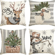 Artoid Mode Sniego žmogus elnias pirštinės Holly Buffalo pledas Kalėdų pagalvėlių dangteliai rinkinys 4 45 x 45 cm Žiemos dekoratyvinės pagalvėlės dangtelis Sofa Gyvenamasis kambarys apdaila