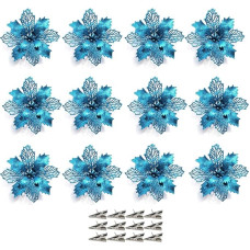 12 kalėdinių eglučių gėlių pakuotė, kalėdinės dekoracijos dirbtinės gėlės, kalėdinės eglutės dekoracijos Poinsettia Glitter Xmas Flowers, kalėdinės eglutės papuošalai Kalėdų girlianda Šventinis vakarėlis,