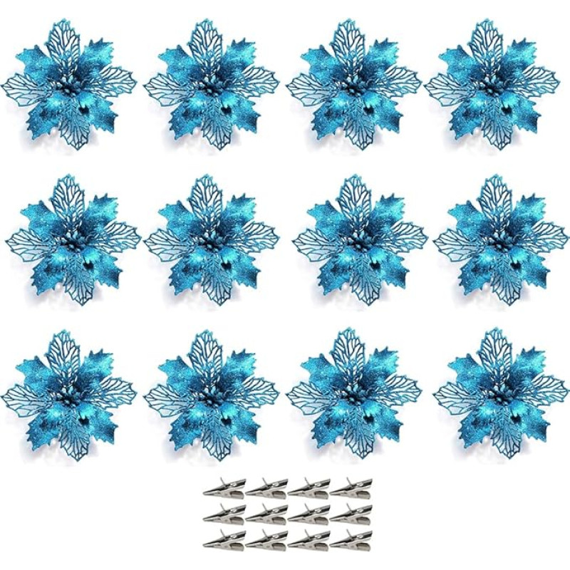 12 kalėdinių eglučių gėlių pakuotė, kalėdinės dekoracijos dirbtinės gėlės, kalėdinės eglutės dekoracijos Poinsettia Glitter Xmas Flowers, kalėdinės eglutės papuošalai Kalėdų girlianda Šventinis vakarėlis,