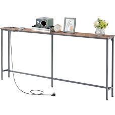 Konsolinis staliukas 180 cm su 2 kištukiniais lizdais ir 2 USB jungtimis, konsolinis staliukas, siauras prieškambario staliukas, 20 cm gylio konsolinis staliukas už sofos, skirtas svetainei, įėjimui, prieškambariui, rudos ir juodos spalvos