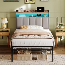 ODK lova 90 x 200 cm Minkšta lova, viengulė lova, paauglių lova, lova su laikymo vieta, galvūgalio galvūgalis su LED apšvietimu ir įkrovimo stotele (kištukinis lizdas/USB), metalinis lovos rėmas, be čiužinio