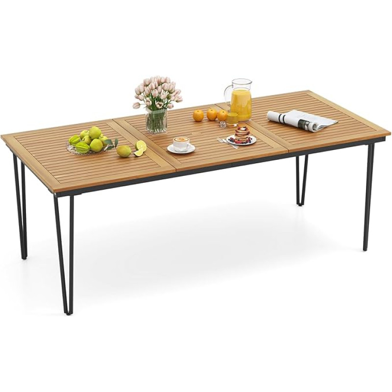GOPLUS Akacijų medžio sodo stalas, 200 x 90 cm, terasos stalas, atsparus oro sąlygoms, su 5 cm skyle skėčiui, stačiakampis valgomojo stalas 8 žmonėms, skirtas lauke, sode, terasoje, kieme (B modelis)