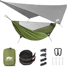 MIKKUPPA Hängematte Outdoor mit Moskitonetz Regenschutz 350kg Belastbarkeit 290x155cm aus 210T Fallschirm Nylon inklusive Aluminium Heringe Seile Baumgurte für Trekking Reise Garten
