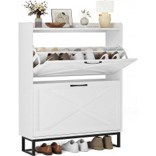 BonVache Narrow Shoe Cabinet, Shoe Cabinet with 2 Flaps, Shoe Rack with 4 Shelves for Hallway, Shoe Chest of Drawers with Metal Feet, Shoe Storage Wood, 80 x 23.8 x 101.7 cm, White