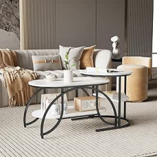 BRILVERDE Kavos staliukai, 2 vnt., modernūs svetainės staliukai su daiktadėže, marmurinė išvaizda, metalinis rėmas, ovalus staliukas, skirti svetainei, miegamajam, balkonui (juoda-6)