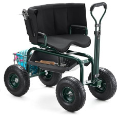 VEVOR mobili sodo sėdynė 810 x 480 x 690/770 mm, sodo sėdynė ant ratukų, reguliuojamo aukščio ir 360° kampu besisukanti sėdynė, 180 kg keliamoji galia, atlošas ir įrankių laikymo vieta, skirta sodui, kiemui, terasai