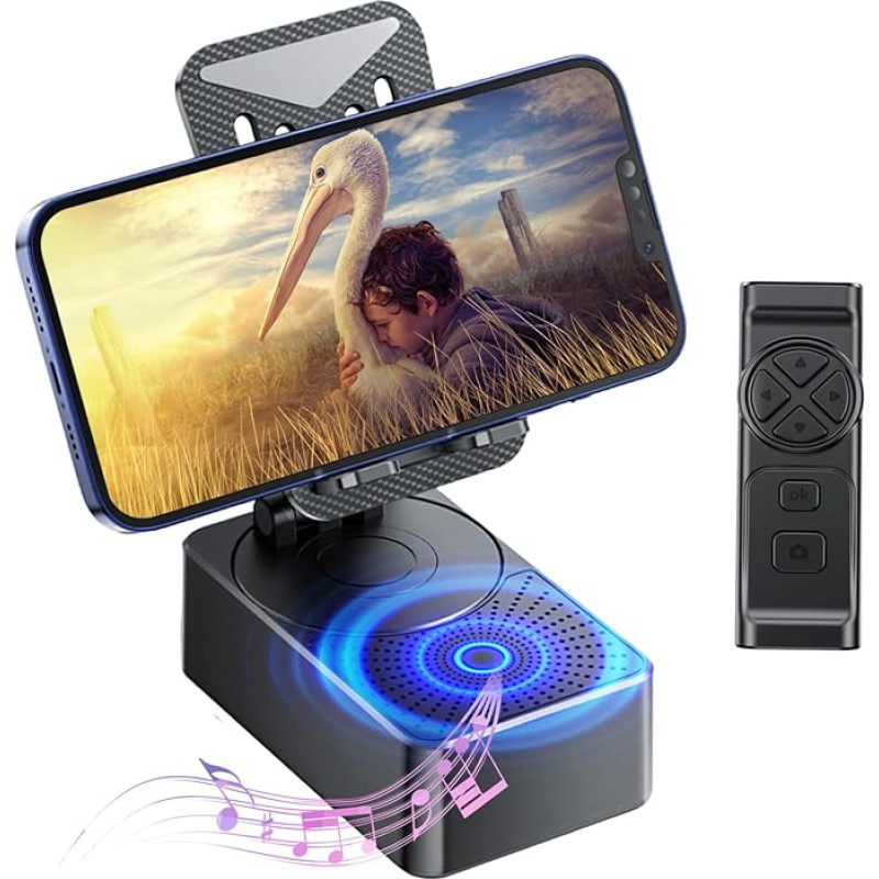 Handy-Ständer mit Lautsprecher mit Bluetooth 5.3, Telefonständer mit Fernbedienung und verstellbarer Höhe/Winkel, rutschfeste Silikonbasis, tragbar für Zuhause/Büro/Outdoor, Geschenke für