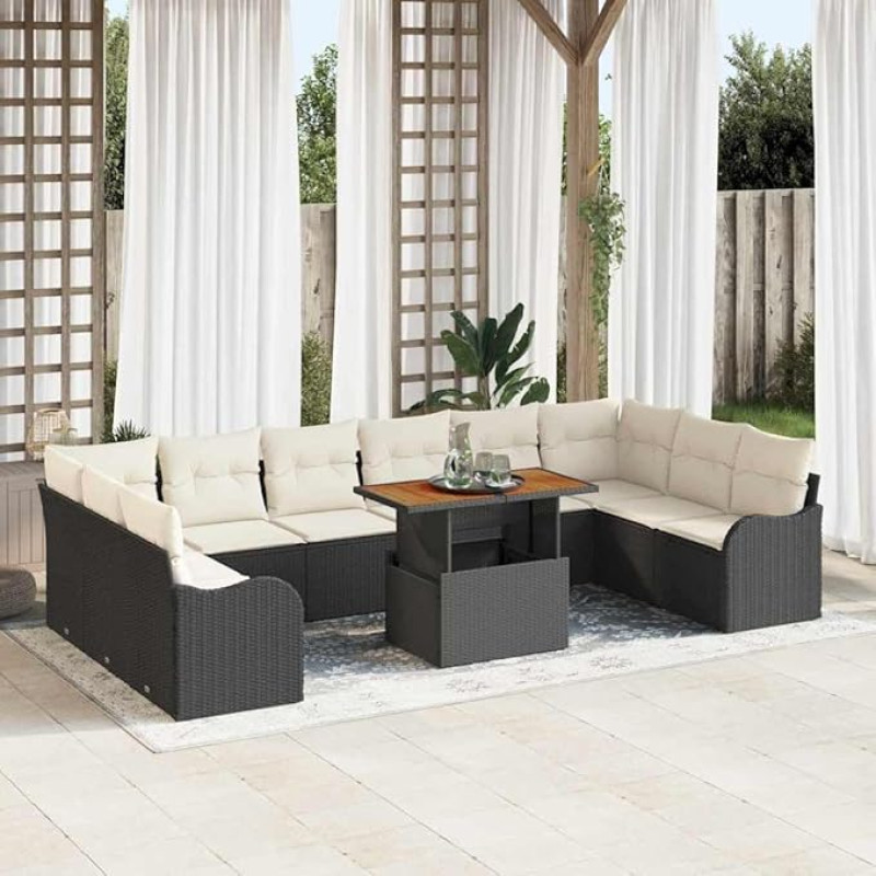 Gartenmöbel-Set 11 Stücke Schwarz Creme Außen-Sofa-Gruppe mit Stauraum Poly-Rattan Sofaset 11-teilig für Terrasse und Garten
