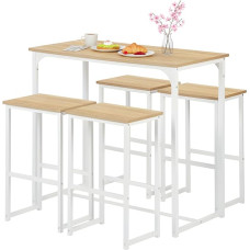 Dining Table with 4 Chairs, Bar Table with 4 Bar Stools Set for Small Kitchen, Dining Room, Living Room, Bar or Balcony (Oak and White)