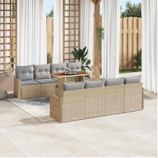 Garten-Sofa-Set mit Gartentisch, 7-teiliges Set mit Zwei 2-Sitzer-Sofas und Kissen in Beige und Hellgrau aus Poly-Rattan