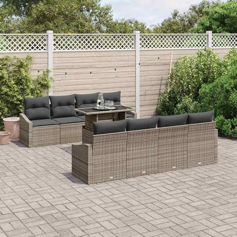 Modulares Garten-Sofa-Set 7-teilig Grau Creme Poly-Rattan mit Kissen und Tisch als Outdoor-Sofa-Gruppe