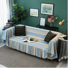 GLORY SEASON Strapazierfähiger Sofabezug mit elegantem Rüschenbesatz, für Katzen, Hunde, Haustiere, blau gestreift, Retro, Bauernhaus, Vintage-Sofa-Schonbezug, vielseitiger Couchbezug, Möbelschutz