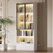 BTM 80 x 34 x 180 cm Tall Cabinet with 1 Drawer and Glass Cabinet Doors, Glass Display Cabinet LED Open Partition, Standing Shelf Cabinet, Living Room Cabinet, Glass Doors, White